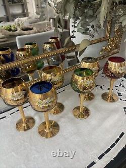 Set Of 6 Vintage MURANO WINE GLASSES 24k Gold & Enamel flower