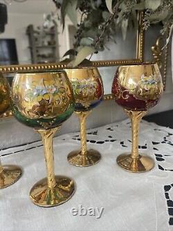 Set Of 6 Vintage MURANO WINE GLASSES 24k Gold & Enamel flower