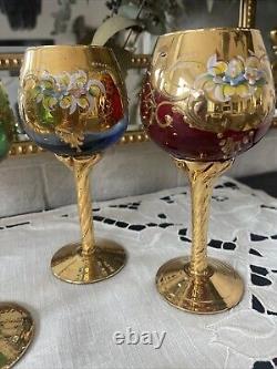 Set Of 6 Vintage MURANO WINE GLASSES 24k Gold & Enamel flower
