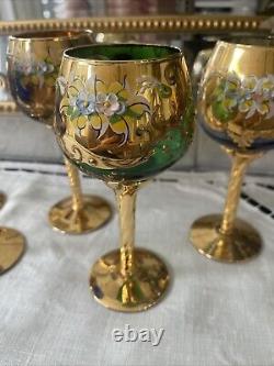 Set Of 6 Vintage MURANO WINE GLASSES 24k Gold & Enamel flower