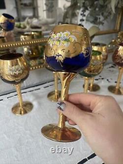 Set Of 6 Vintage MURANO WINE GLASSES 24k Gold & Enamel flower