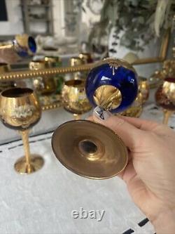 Set Of 6 Vintage MURANO WINE GLASSES 24k Gold & Enamel flower