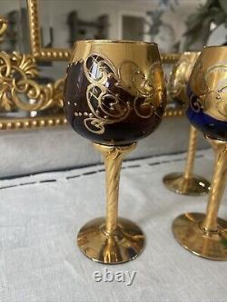Set Of 6 Vintage MURANO WINE GLASSES 24k Gold & Enamel flower