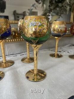 Set Of 6 Vintage MURANO WINE GLASSES 24k Gold & Enamel flower