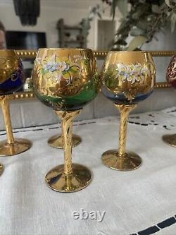 Set Of 6 Vintage MURANO WINE GLASSES 24k Gold & Enamel flower