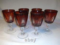 Set Of 6 Vintage Red Clear Optic Panel Wine Cordial Glasses