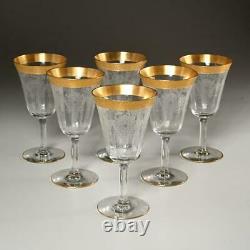 Set Of (6) Vintage Wine Glasses, Etched Crane & Optic Bowl, Gold Rims, 6.5h