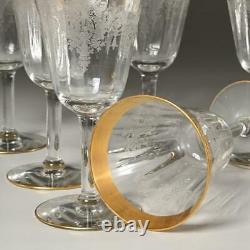 Set Of (6) Vintage Wine Glasses, Etched Crane & Optic Bowl, Gold Rims, 6.5h