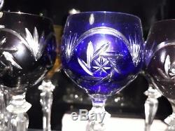 Set Of 6 X Bohemian Cut Glass Crystal Vintage Coloured Wine Glasses