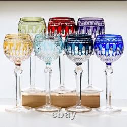 Set Of 7 Colors Vintage Style Crystal Hock Wine Glass Hand Cut To Clear Goblets
