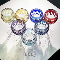 Set Of 7 Colors Vintage Style Crystal Hock Wine Glass Hand Cut To Clear Goblets