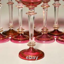 Set Of (8) Vintage Gilt Cranberry & Clear Cut Crystal Hock Wine Glasses, 7.75
