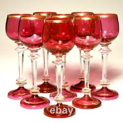 Set Of (8) Vintage Gilt Cranberry & Clear Cut Crystal Hock Wine Glasses, 7.75