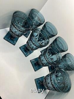 Set Of 8 Vintage Indiana Glass Colony Park Lane Blue Teal Wine Water Goblet