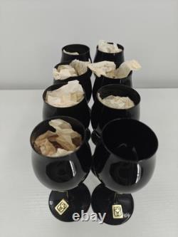 Set Of 8 Vintage Towne Tulip Shaped Jet Black Wine Glasses Made In Japan