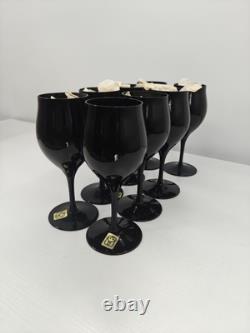 Set Of 8 Vintage Towne Tulip Shaped Jet Black Wine Glasses Made In Japan