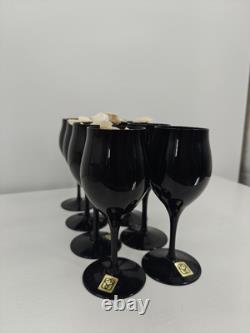 Set Of 8 Vintage Towne Tulip Shaped Jet Black Wine Glasses Made In Japan
