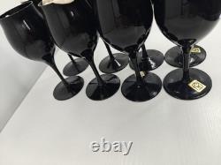 Set Of 8 Vintage Towne Tulip Shaped Jet Black Wine Glasses Made In Japan