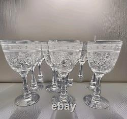 Set Of 9 Vintage Etched Crystal Wine Glasses Wheat Harvest Pattern Mid Century