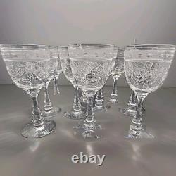 Set Of 9 Vintage Etched Crystal Wine Glasses Wheat Harvest Pattern Mid Century