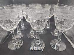 Set Of 9 Vintage Etched Crystal Wine Glasses Wheat Harvest Pattern Mid Century