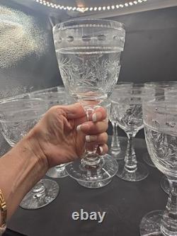 Set Of 9 Vintage Etched Crystal Wine Glasses Wheat Harvest Pattern Mid Century