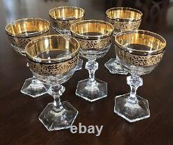 Set Of Six Vintage Crystal Wine Glasses Gold Encrusted Wide Band