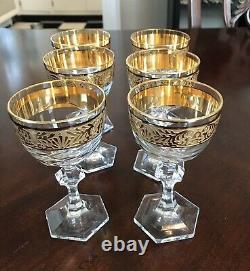 Set Of Six Vintage Crystal Wine Glasses Gold Encrusted Wide Band