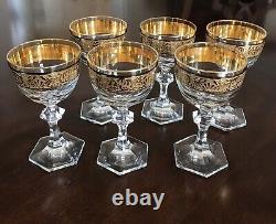 Set Of Six Vintage Crystal Wine Glasses Gold Encrusted Wide Band