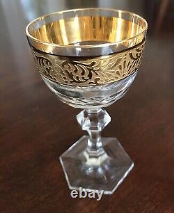 Set Of Six Vintage Crystal Wine Glasses Gold Encrusted Wide Band