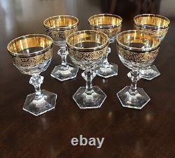 Set Of Six Vintage Crystal Wine Glasses Gold Encrusted Wide Band