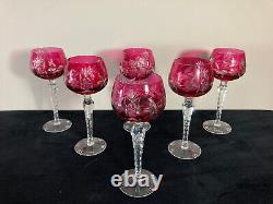 Set Of Six Vintage Nachtmann Germany Cranberry Colored Cut Crystal Wine Goblets