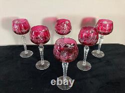 Set Of Six Vintage Nachtmann Germany Cranberry Colored Cut Crystal Wine Goblets