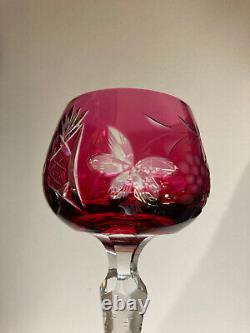 Set Of Six Vintage Nachtmann Germany Cranberry Colored Cut Crystal Wine Goblets