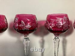 Set Of Six Vintage Nachtmann Germany Cranberry Colored Cut Crystal Wine Goblets