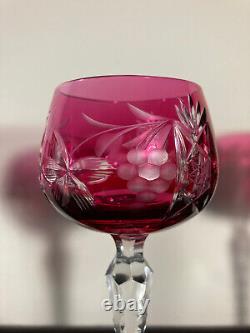 Set Of Six Vintage Nachtmann Germany Cranberry Colored Cut Crystal Wine Goblets
