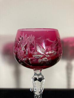 Set Of Six Vintage Nachtmann Germany Cranberry Colored Cut Crystal Wine Goblets