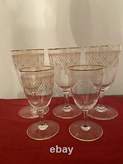 Set Of Vintage Baccarat 24k Gold Fleur-De-Lis 3 Wine & 2 Cordial Crystal Glasses