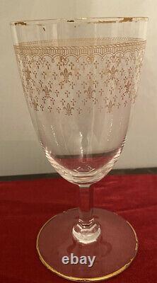 Set Of Vintage Baccarat 24k Gold Fleur-De-Lis 3 Wine & 2 Cordial Crystal Glasses