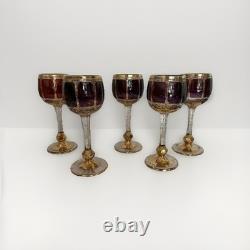 Set five vintage bohemian amethyst, wine, goblets mid 20th century paneled Czech