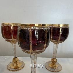 Set five vintage bohemian amethyst, wine, goblets mid 20th century paneled Czech