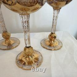Set five vintage bohemian amethyst, wine, goblets mid 20th century paneled Czech