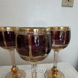 Set five vintage bohemian amethyst, wine, goblets mid 20th century paneled Czech