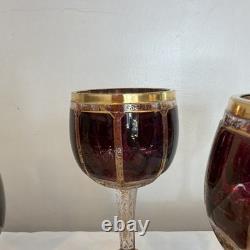 Set five vintage bohemian amethyst, wine, goblets mid 20th century paneled Czech