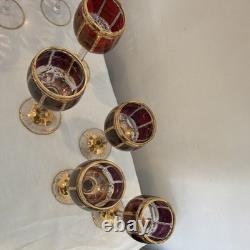 Set five vintage bohemian amethyst, wine, goblets mid 20th century paneled Czech