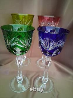 Set for 4 Vintage Multicolor Cut to Clear Crystal Wine Glasses