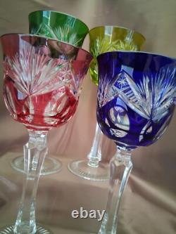 Set for 4 Vintage Multicolor Cut to Clear Crystal Wine Glasses