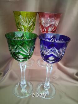Set for 4 Vintage Multicolor Cut to Clear Crystal Wine Glasses