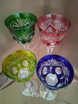 Set for 4 Vintage Multicolor Cut to Clear Crystal Wine Glasses