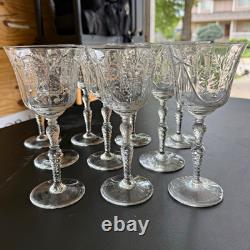 Set of 10 Vintage Cut Crystal Wine Goblets, Ribbon Bow Etched Pattern